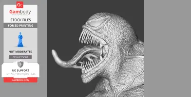 3D model of a detailed Venom bust, showing an open mouth with sharp teeth and tongue, designed for 3D printing.