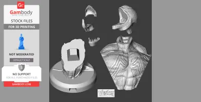 3D printing files of a Venom bust, showing disassembled parts including head, torso, and base.