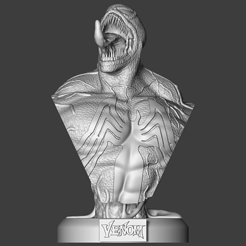 Venom bust STL file for 3D printing, featuring detailed textures and iconic symbol on chest.