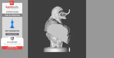 A detailed 3D bust model of a creature with sharp teeth and a long tongue, designed for 3D printing.