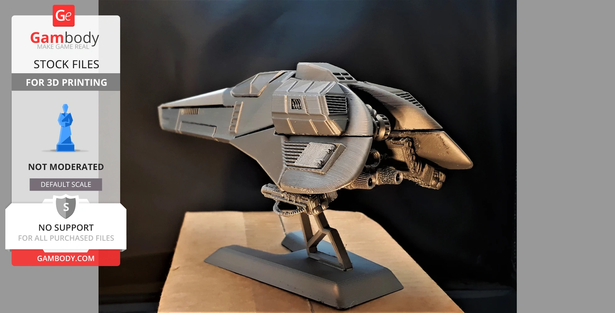 Futuristic gray spacecraft model on a stand, ready for 3D printing, against a dark background.