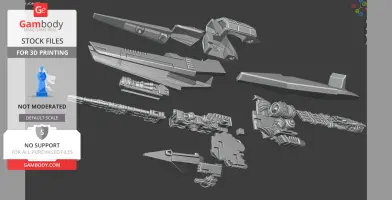 Disassembled 3D model parts of a sci-fi racing vehicle, shown on a grey background.