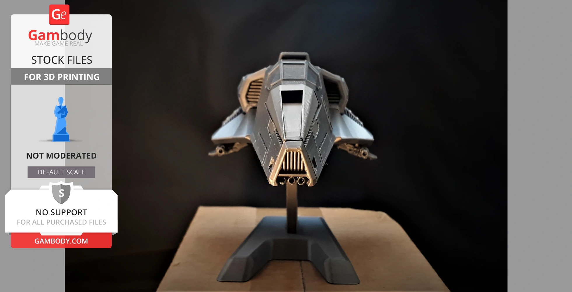 Futuristic Wipeout Feisar ship model on a display stand for 3D printing.