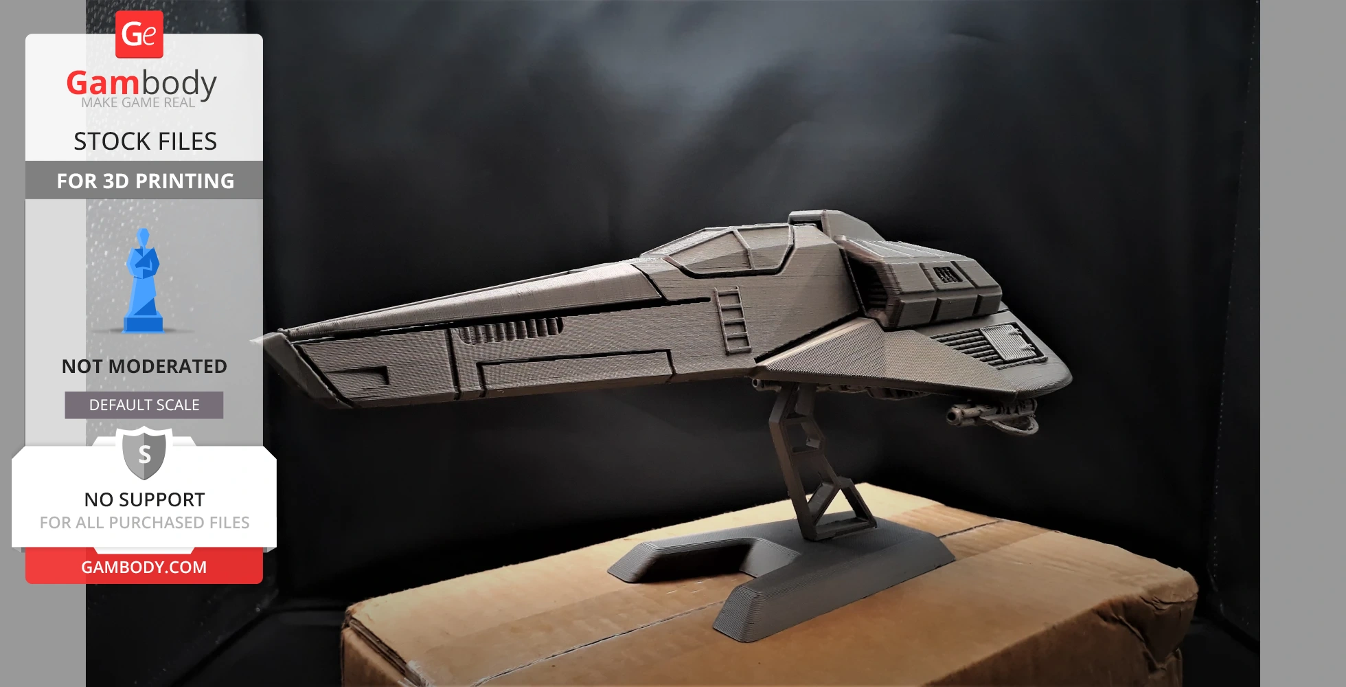 3D-printed model of the Wipeout Feisar ship on a display stand, ready for customization.