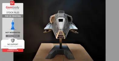 Futuristic spaceship model on a stand, designed for 3D printing.