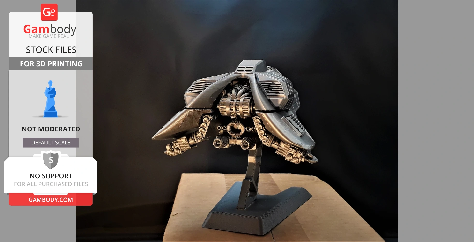 A 3D-printed futuristic spacecraft model, featuring sleek design and mounted on a stand.