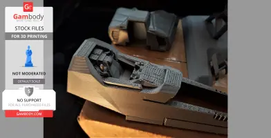 Detailed 3D-printed parts of a futuristic vehicle model from Wipeout, ready for assembly.