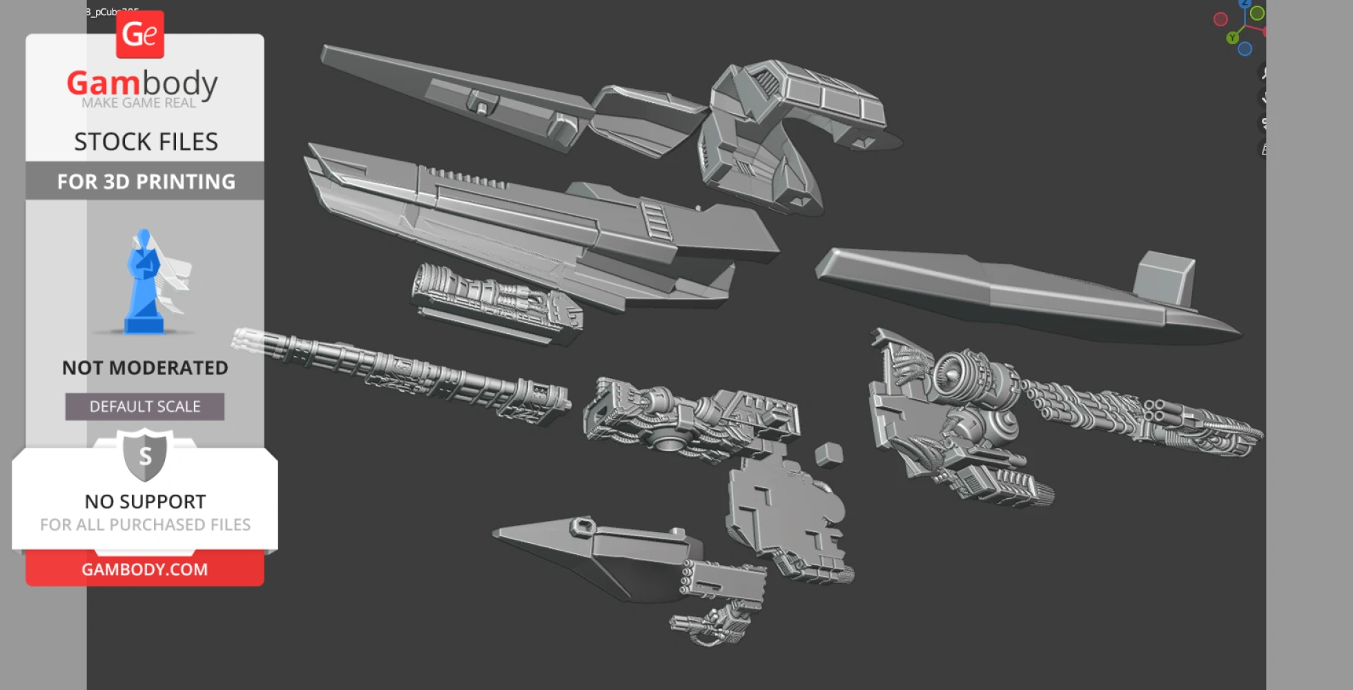 Disassembled 3D model parts of a sci-fi racing vehicle, shown on a grey background.
