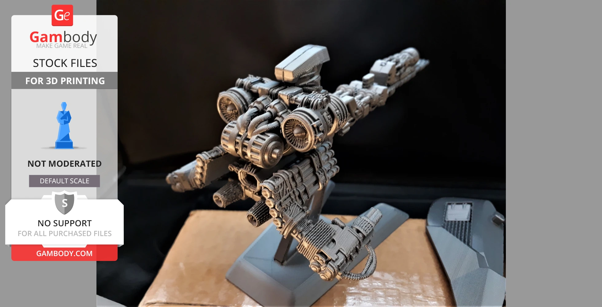 A detailed 3D model of the Wipeout Feisar ship on a display stand, ready for 3D printing.