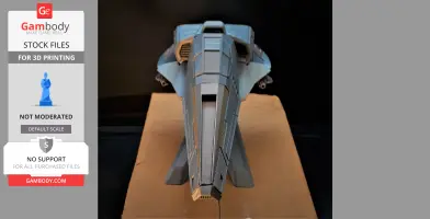 Futuristic 3D-printed spaceship model on a cardboard base, designed for 3D printing.
