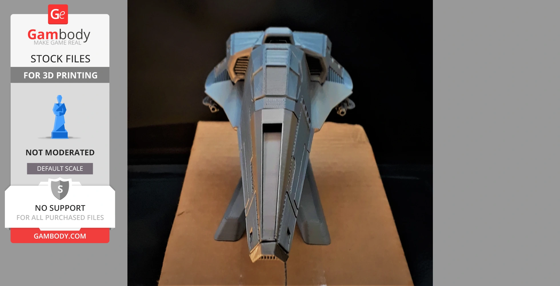 Futuristic 3D-printed spaceship model on a cardboard base, designed for 3D printing.