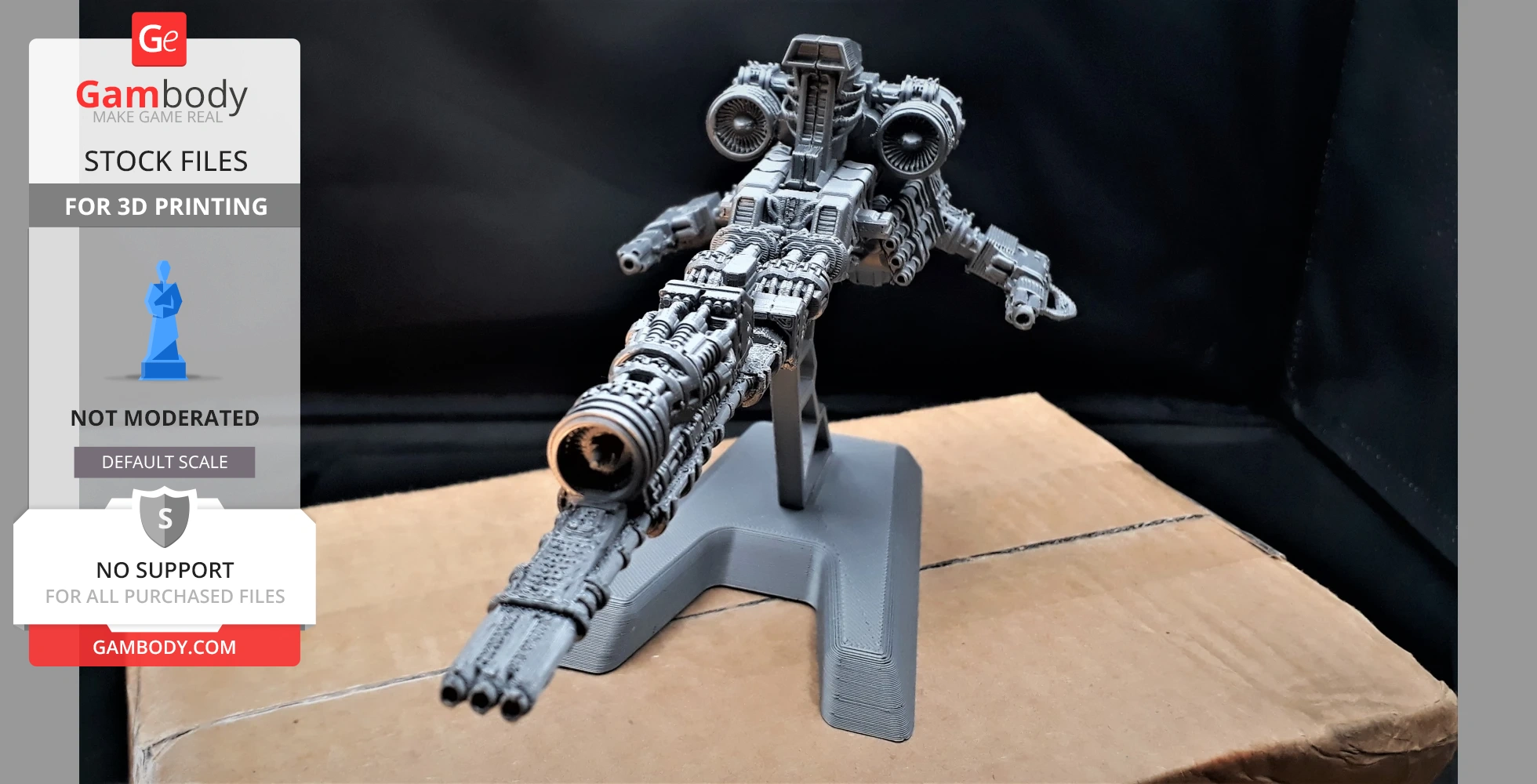 Futuristic, detailed spaceship model for 3D printing, displayed on a stand.