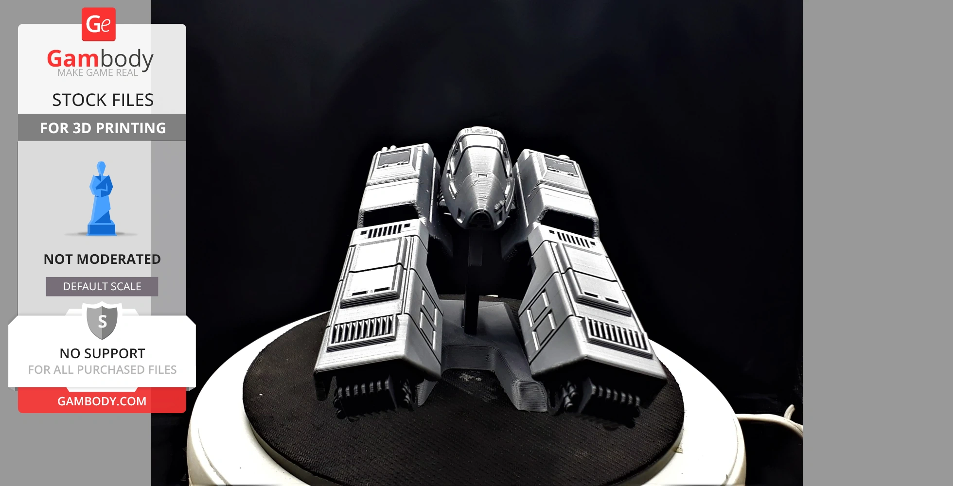 Futuristic spaceship model with a sleek design and twin engines, on display for 3D printing.