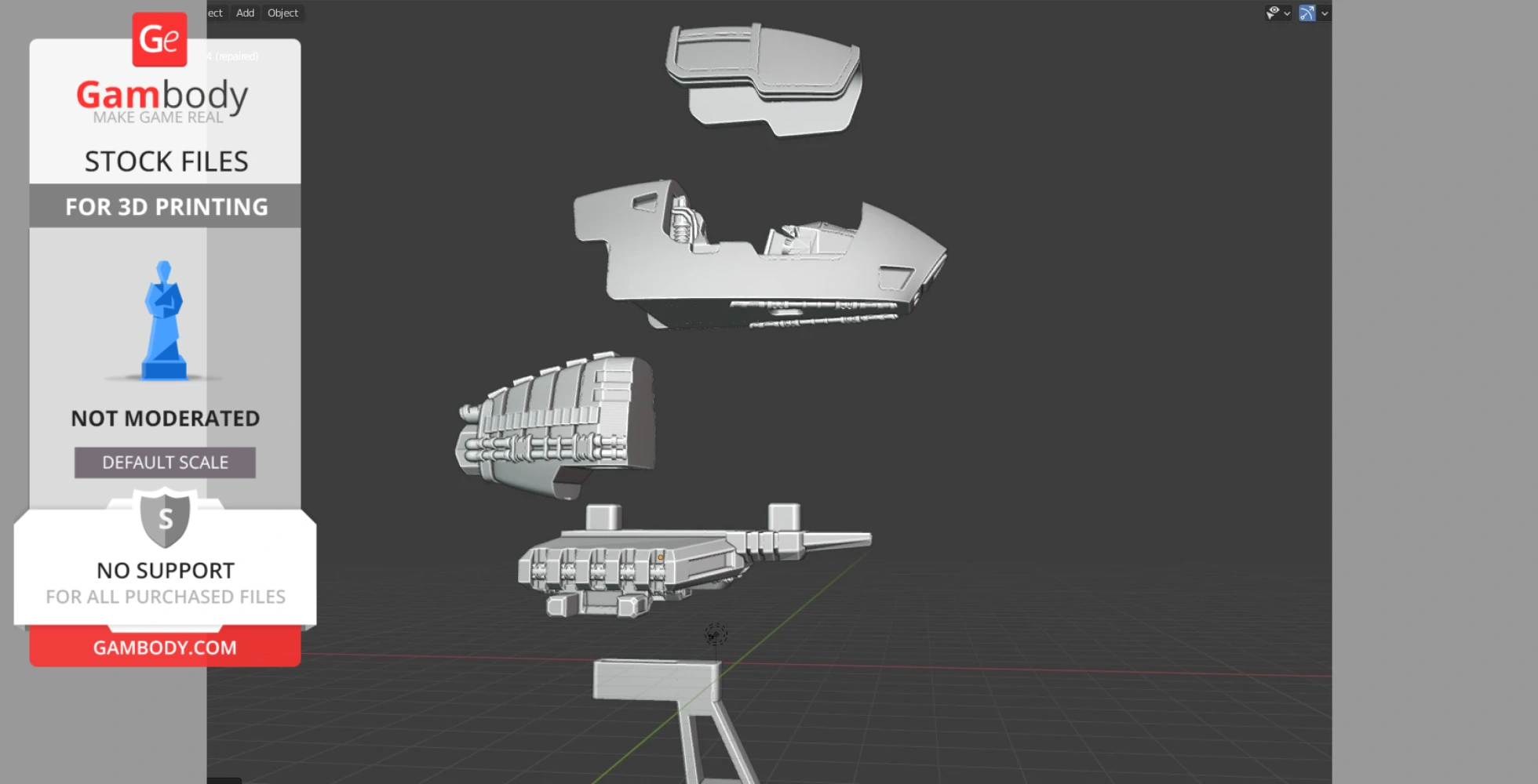 3D printing model of a futuristic vehicle, shown in segmented parts for assembly.