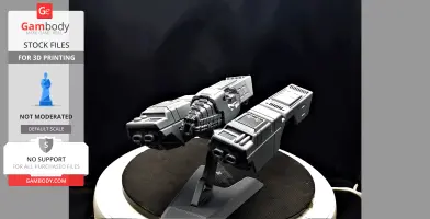 A 3D-printed futuristic spacecraft model with a sleek, angular design on a display stand.