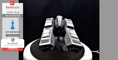 Futuristic spaceship model with a sleek design and twin engines, on display for 3D printing.