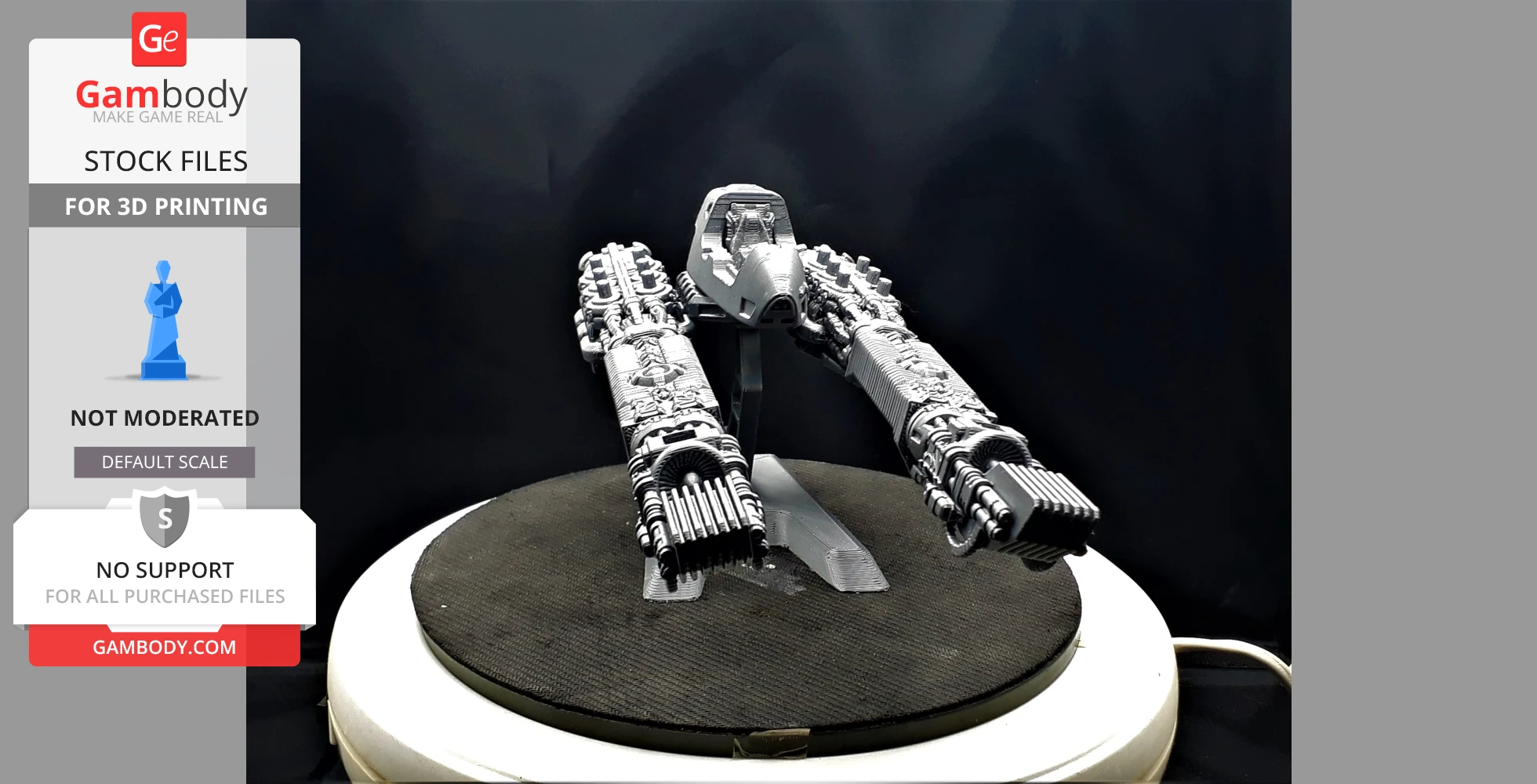 Futuristic spaceship model with intricate details on display stand, ideal for 3D printing.