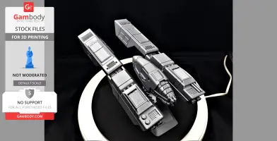 A detailed, futuristic spacecraft model on display, designed for 3D printing.