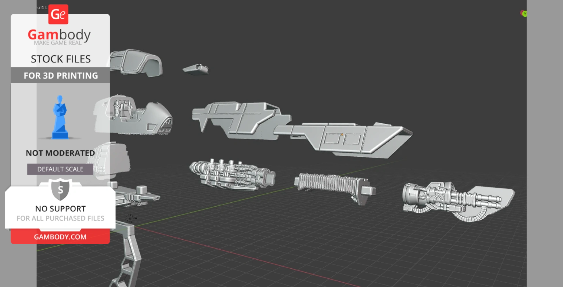Various 3D parts of the Wipeout Goteki vehicle prepared for 3D printing assembly.