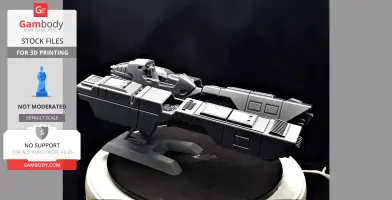 A detailed 3D printed model of a futuristic, angular racing ship on a stand.