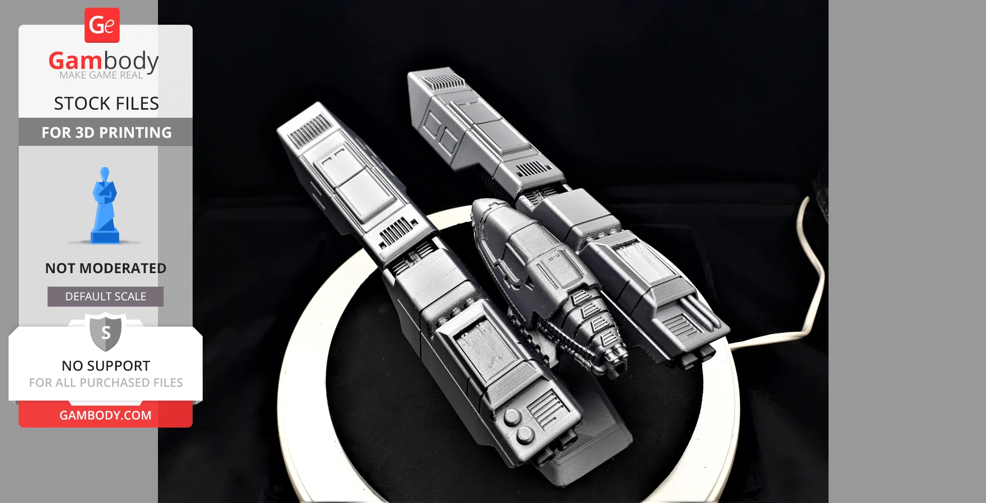 A detailed, futuristic spacecraft model on display, designed for 3D printing.