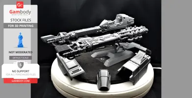 A detailed 3D-printed model of the Wipeout Goteki ship on a display platform.