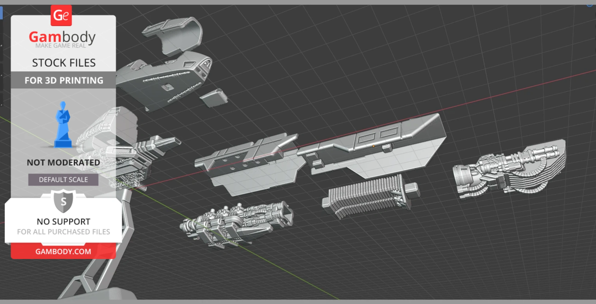 Detailed 3D model parts of Wipeout Goteki ship for 3D printing, displayed in exploded view.