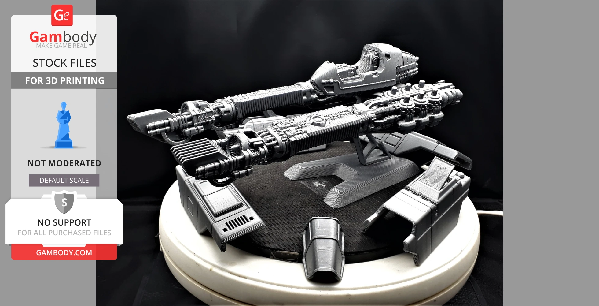 A detailed 3D-printed model of the Wipeout Goteki ship on a display platform.