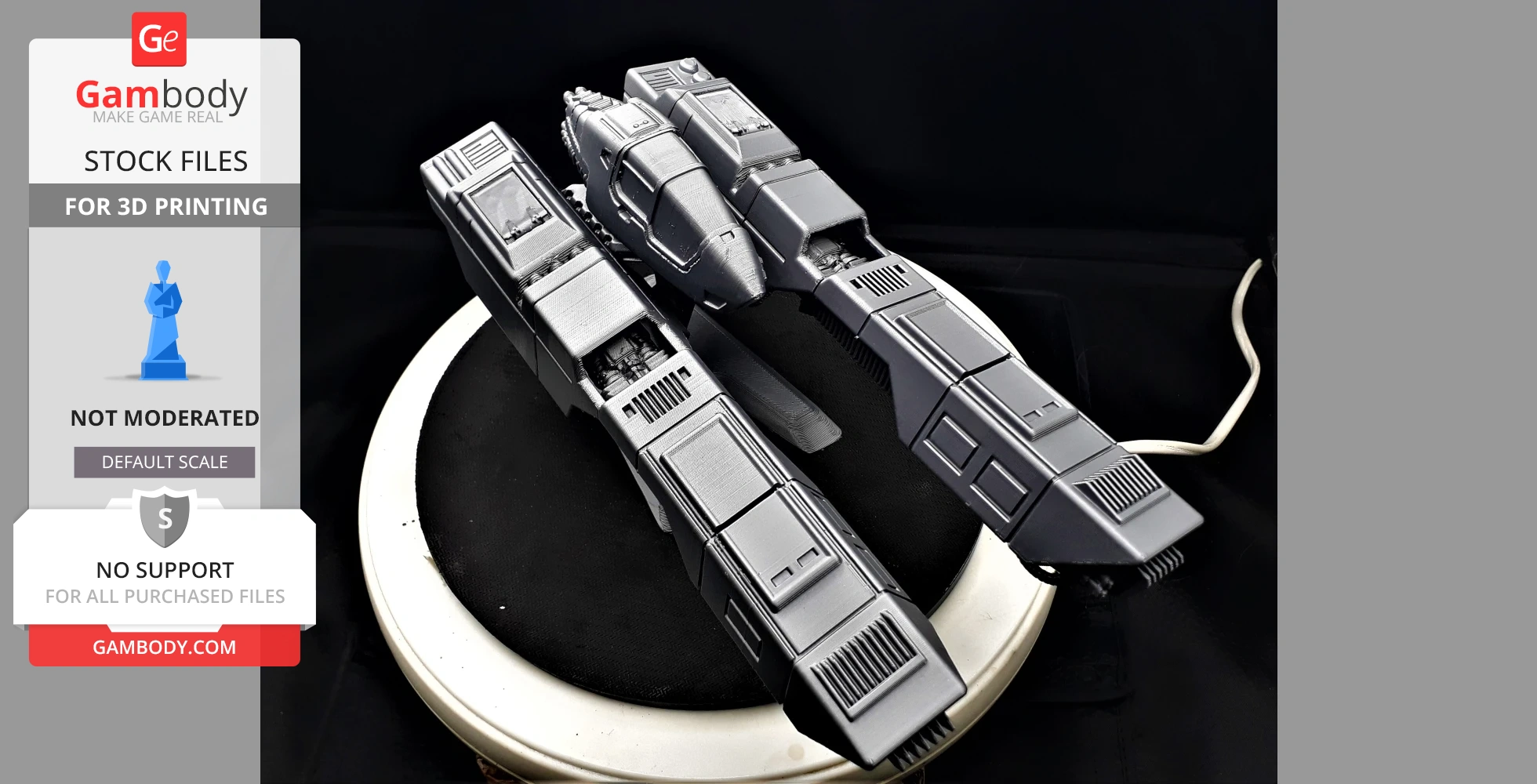 Futuristic aerodynamic hovercraft 3D model with intricate surface details on display platform.