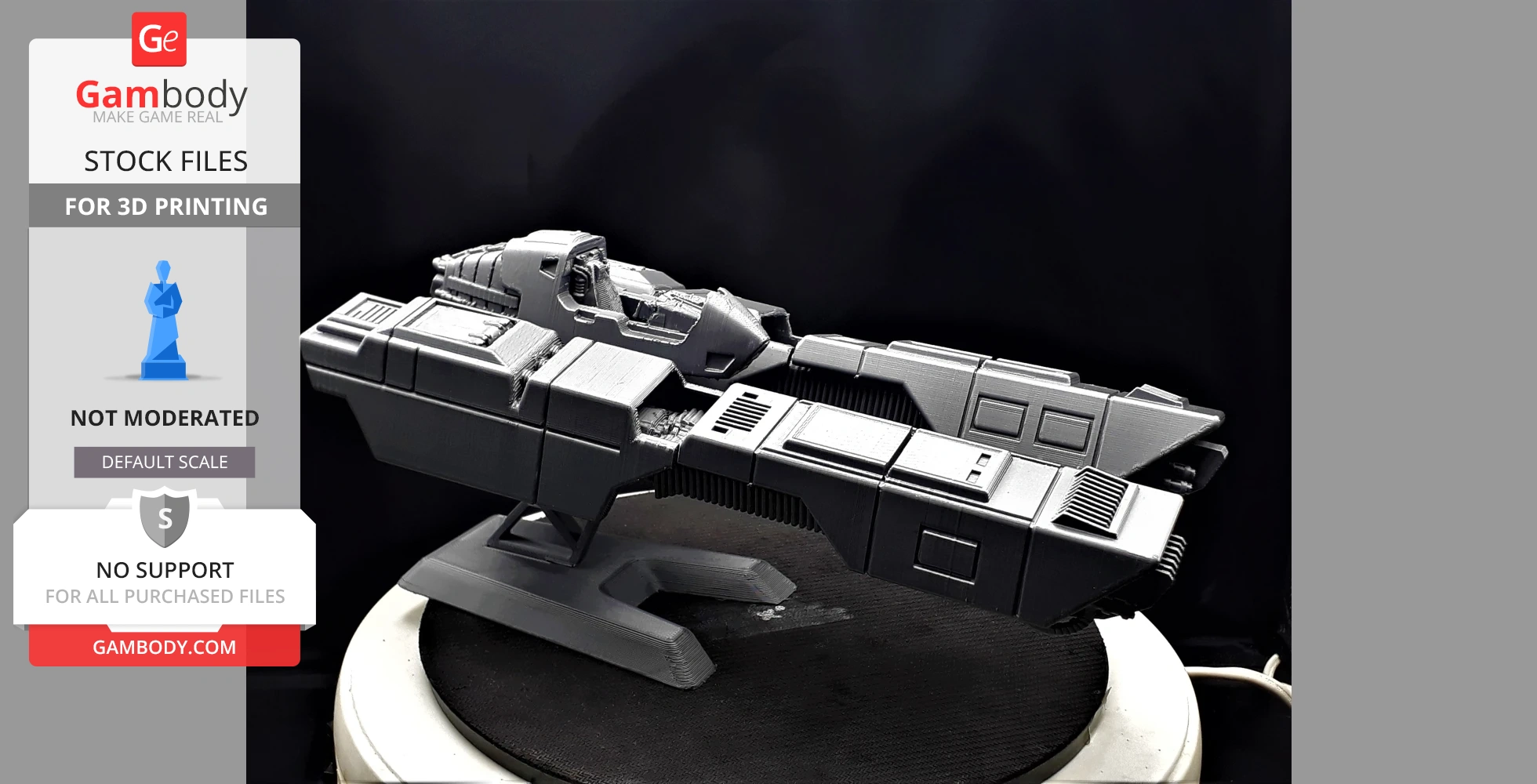 A detailed 3D printed model of a futuristic, angular racing ship on a stand.