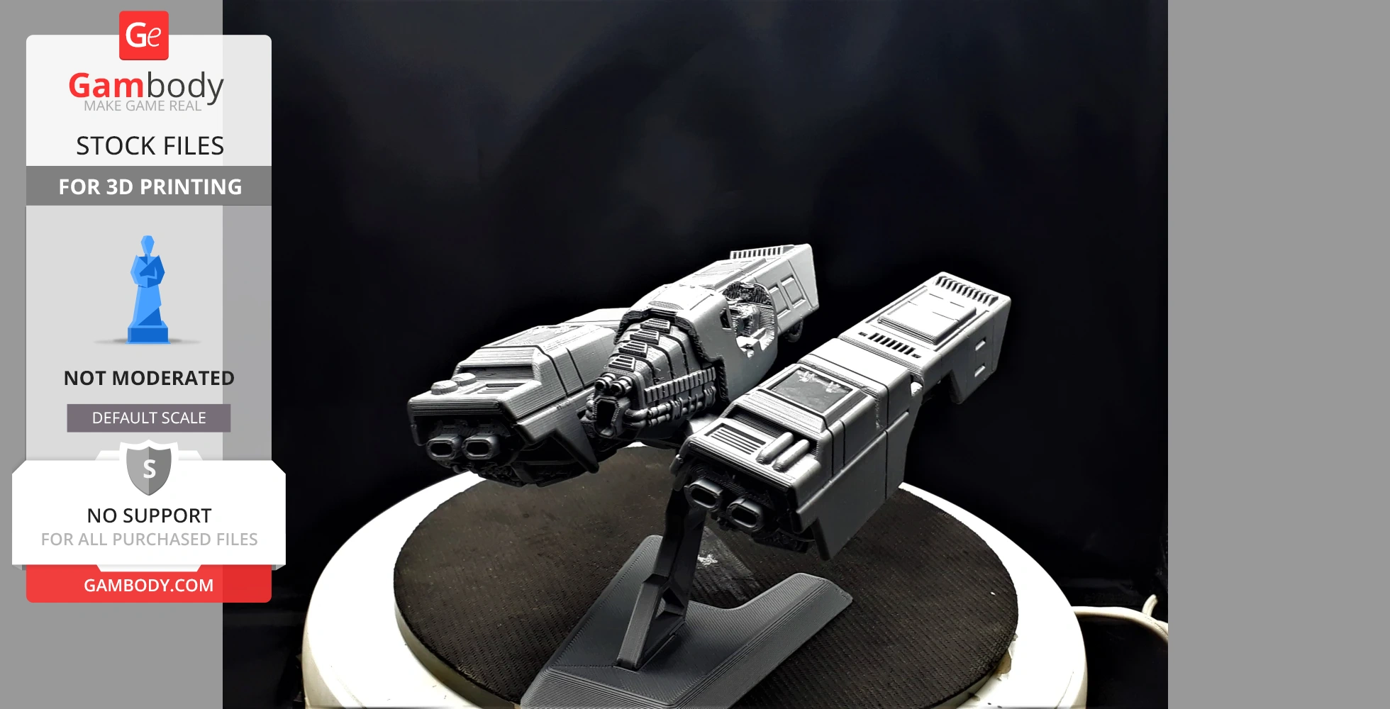 A 3D-printed futuristic spacecraft model with a sleek, angular design on a display stand.