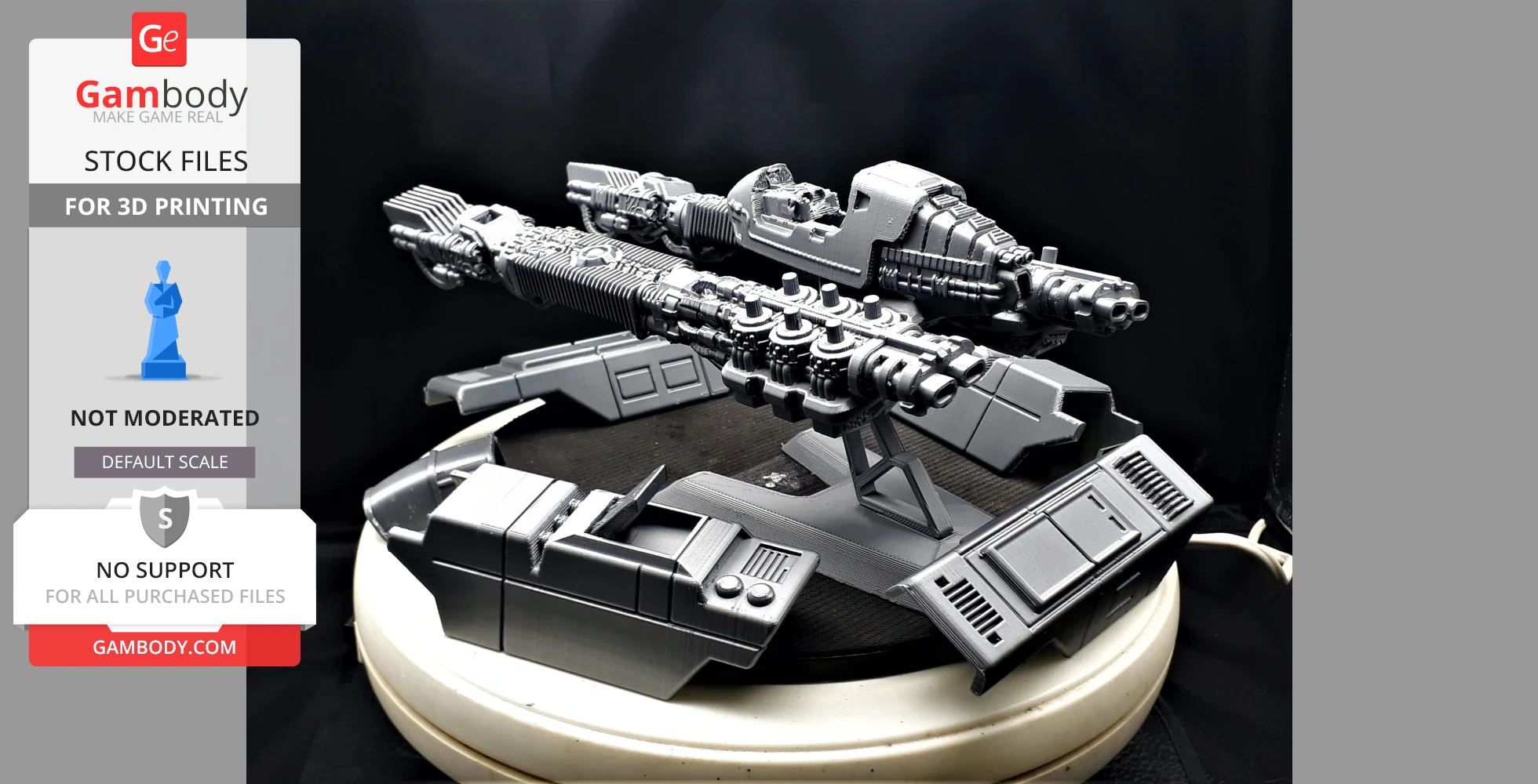 Futuristic spaceship model with intricate detailing on a display stand, ready for 3D printing.