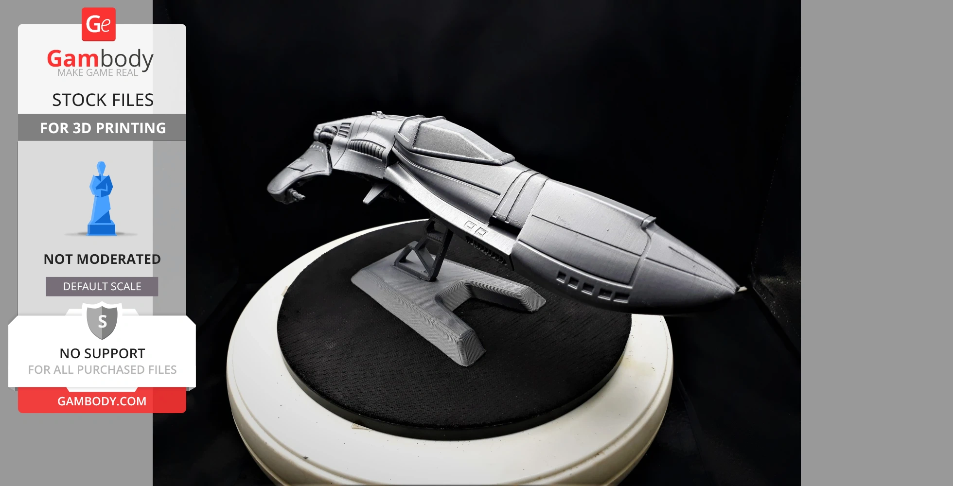 Futuristic racing ship model on a stand, designed for 3D printing.