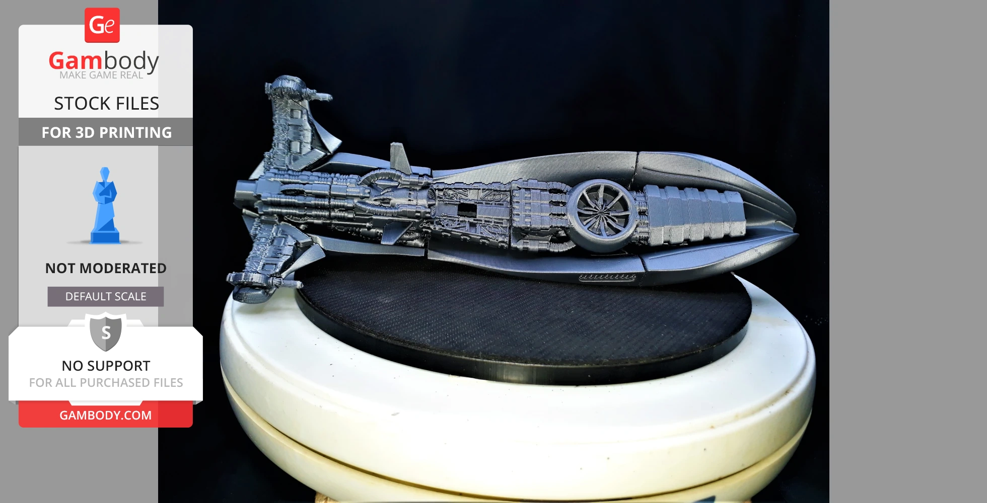 Futuristic racing spacecraft model with intricate mechanical details on a display stand.