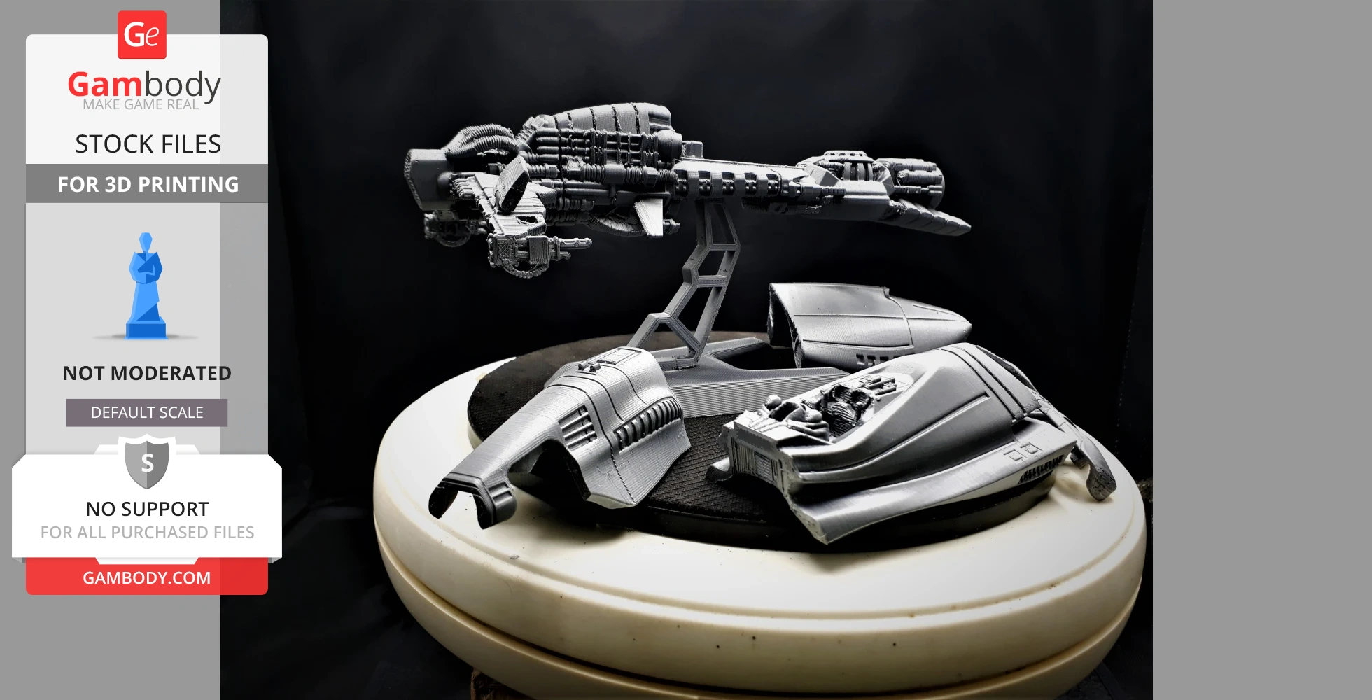 Futuristic racing ship model with detailed mechanical parts on a display stand for 3D printing.