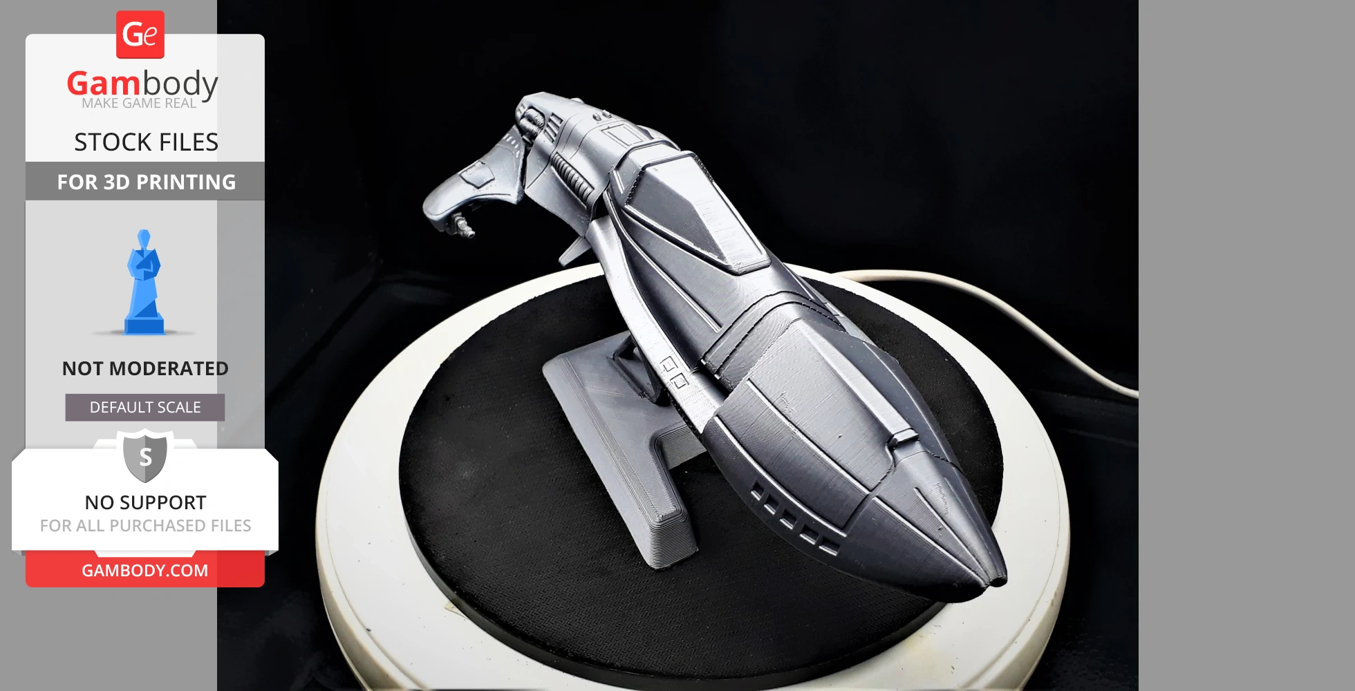 Futuristic 3D-printed spaceship model with sleek design, displayed on a circular stand.