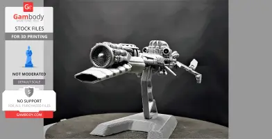 Futuristic, detailed spaceship model on a stand, designed for 3D printing.