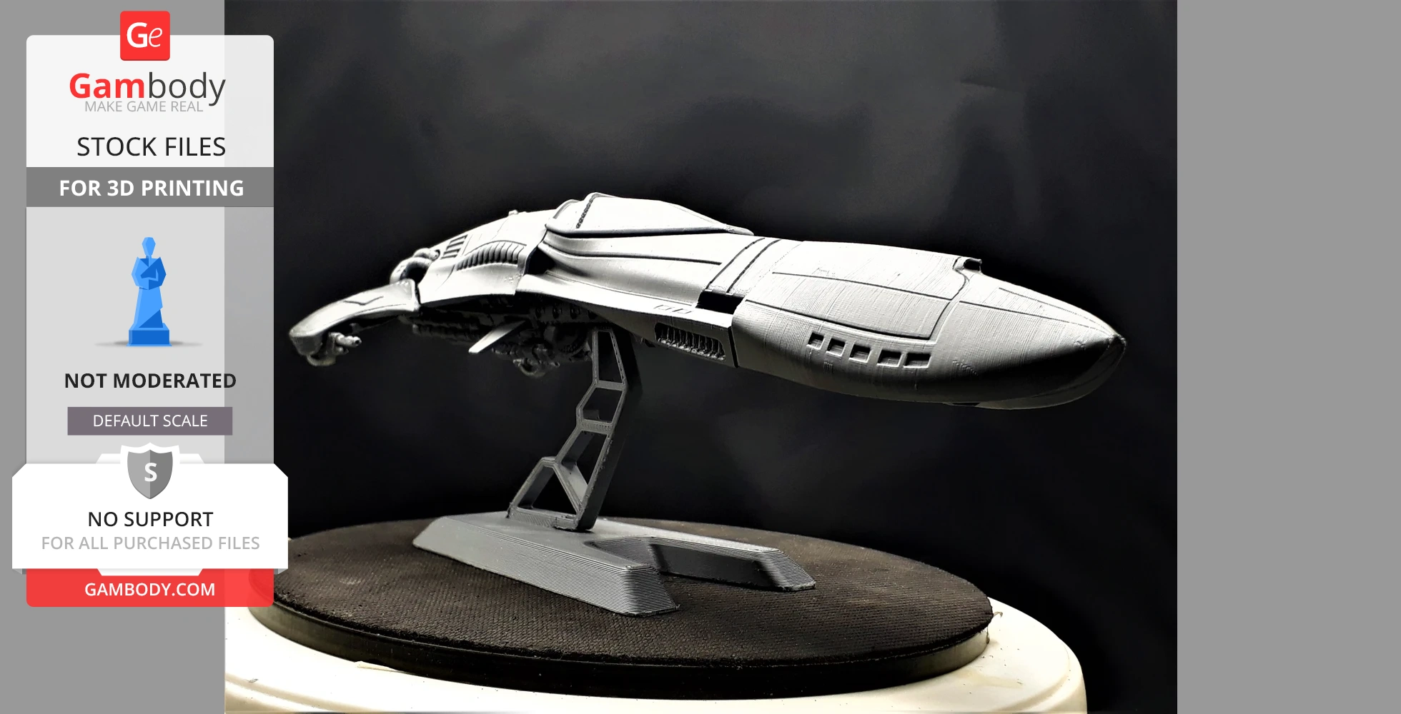 A detailed 3D model of a sleek futuristic spacecraft on a stand, designed for 3D printing.
