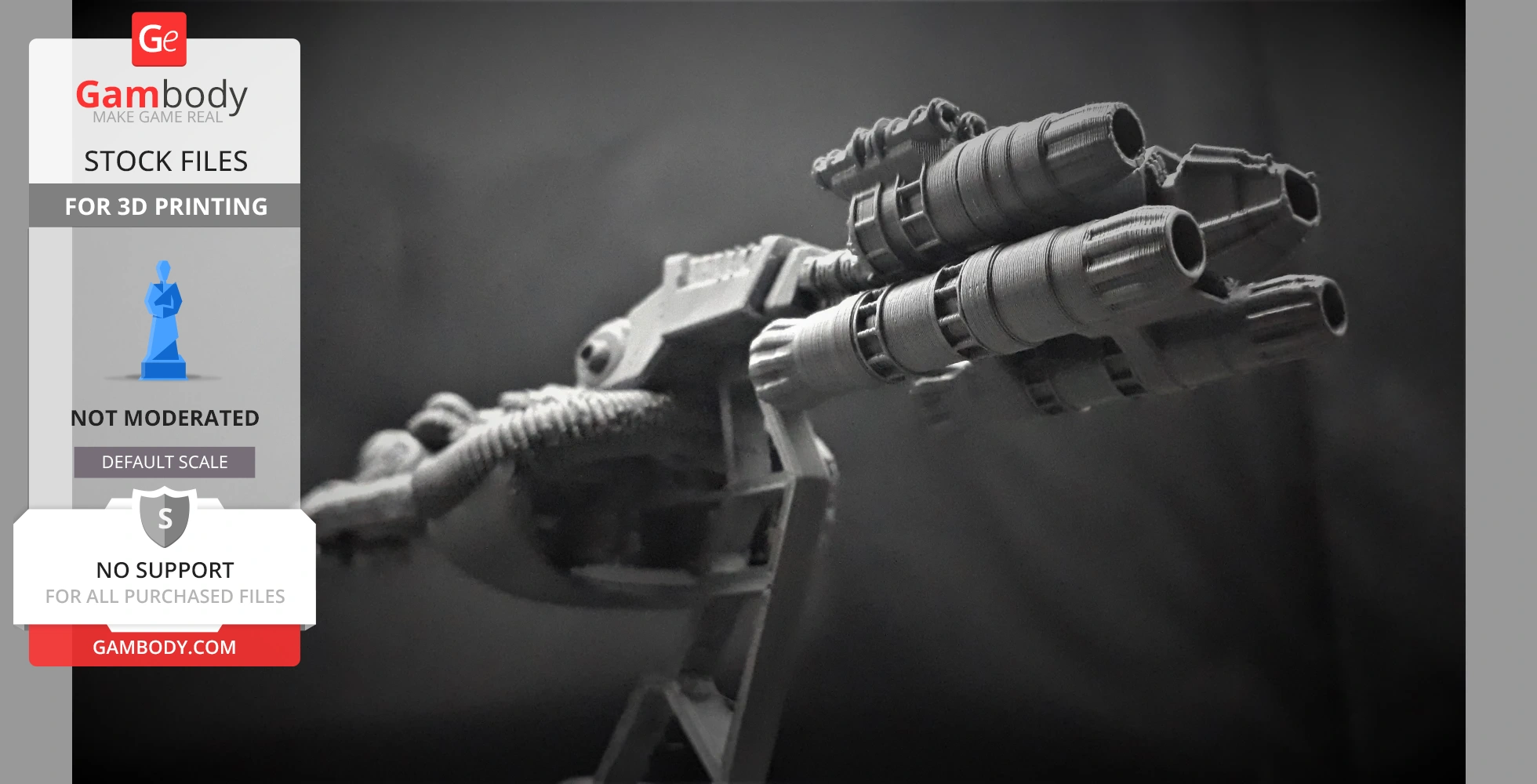 A detailed 3D-printed model of futuristic dual-barrel cannons from a video game spaceship.