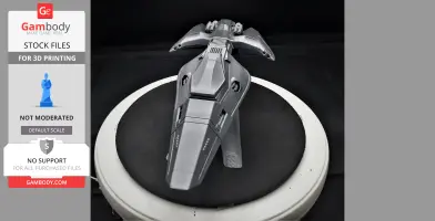 A sleek, futuristic gray spacecraft model designed for 3D printing, displayed on a rotating platform.
