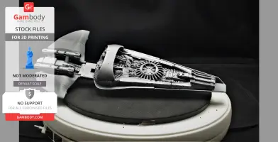 Futuristic, detailed 3D-printed ship model from Wipeout game on display stand.