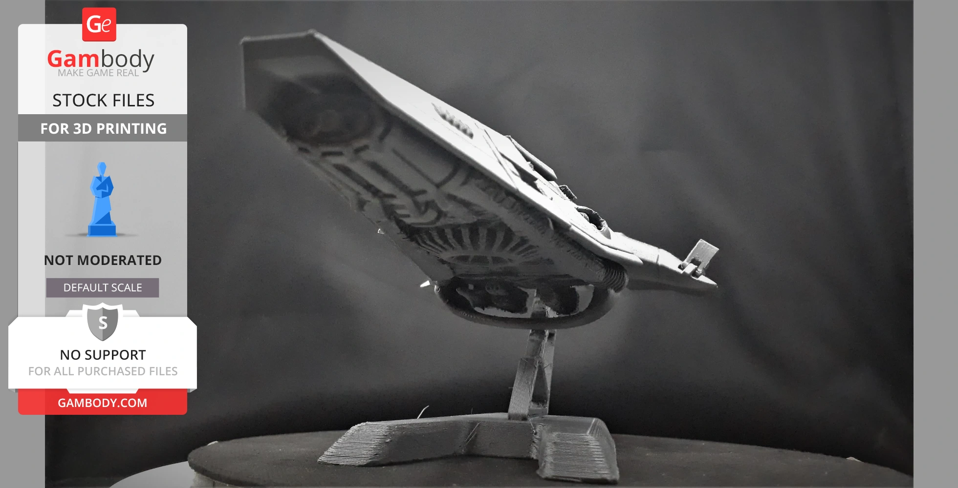 Futuristic spacecraft model on a stand, showcasing detailed underside, ready for 3D printing.