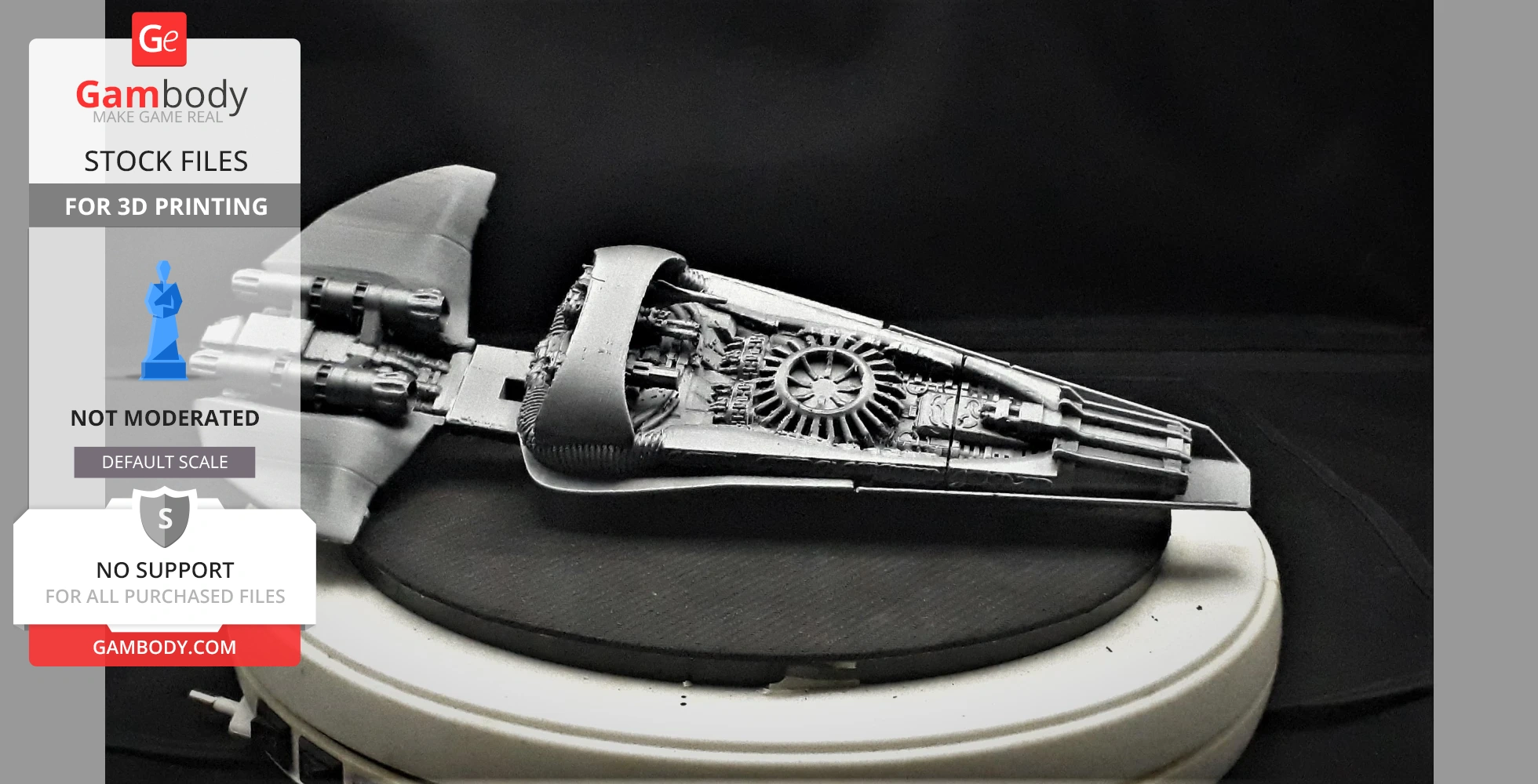 Futuristic, detailed 3D-printed ship model from Wipeout game on display stand.