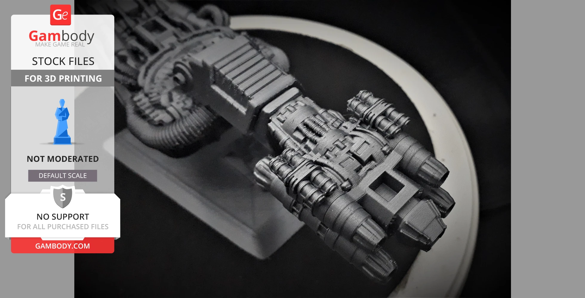 Futuristic spacecraft model with intricate engine and mechanical details on display.