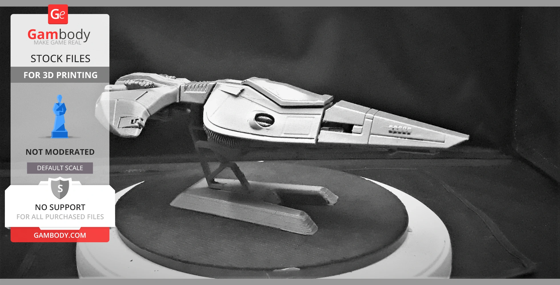 Futuristic racing ship model displayed on a stand, ready for 3D printing.