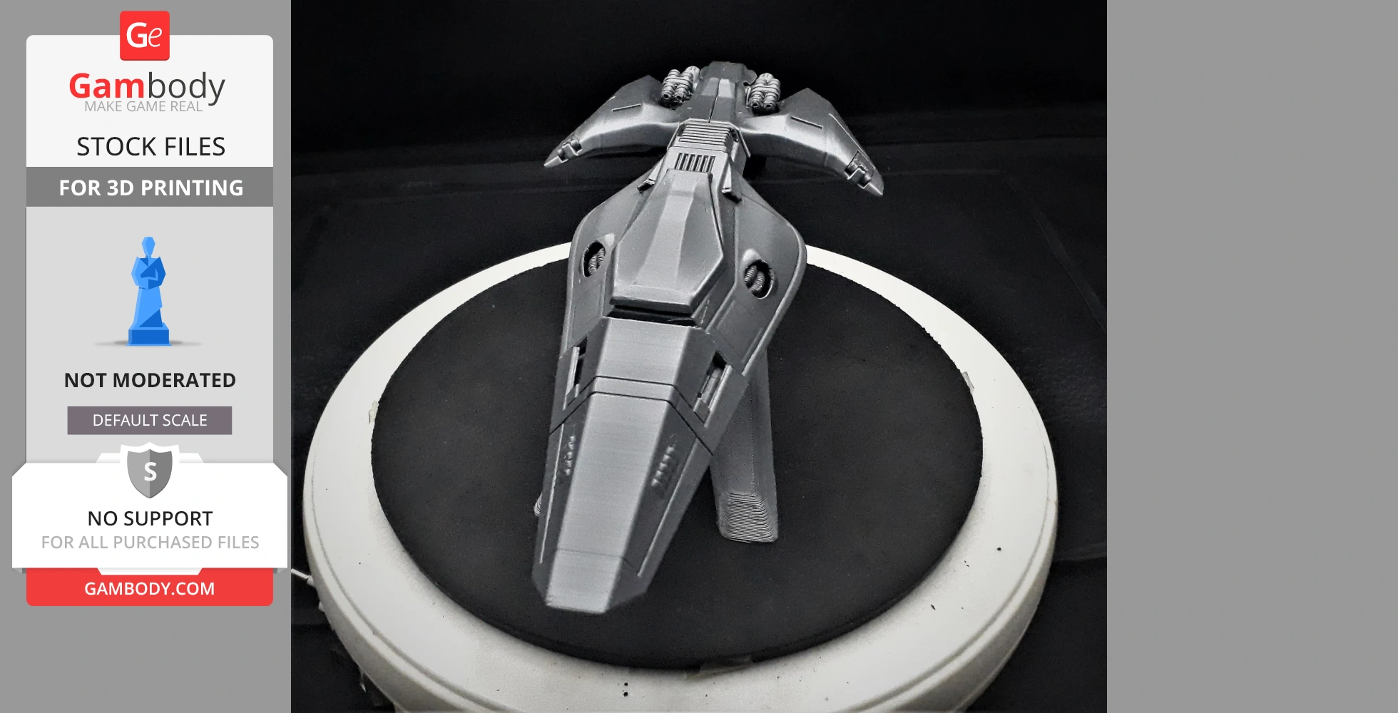 A sleek, futuristic gray spacecraft model designed for 3D printing, displayed on a rotating platform.