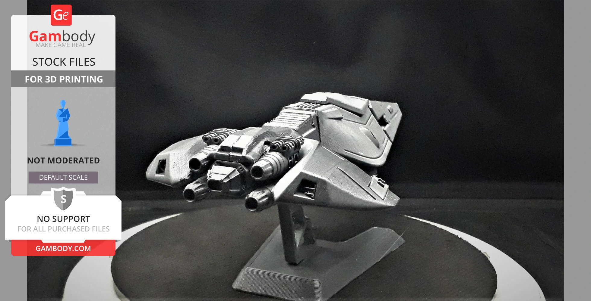 Sleek, futuristic racing spacecraft model with engines, mounted on a display stand.