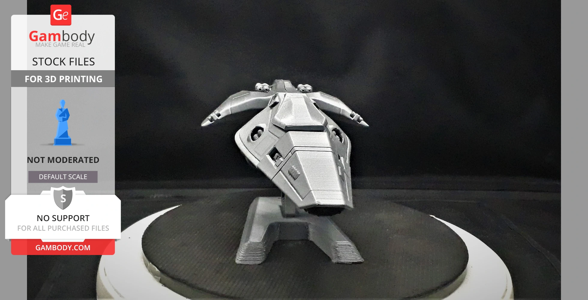Futuristic spaceship model displayed on a stand, suitable for 3D printing, with angular design features.