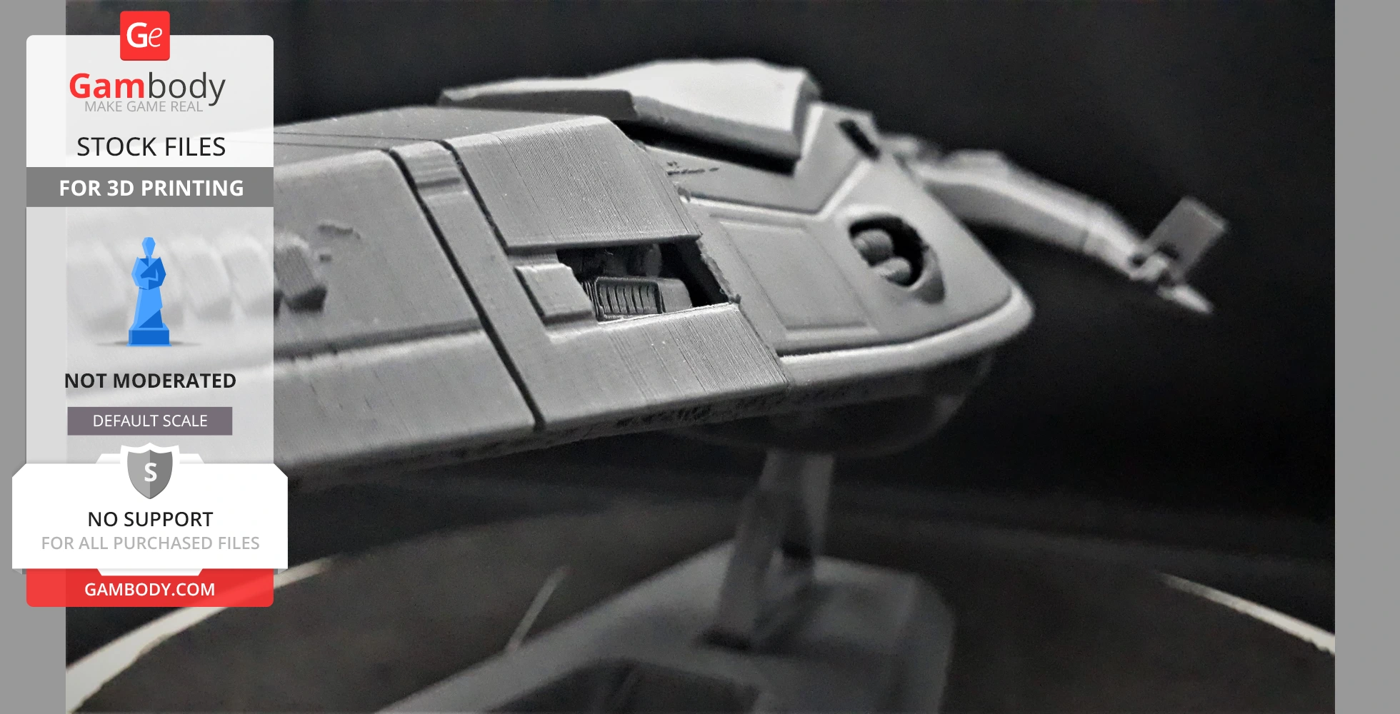 Close-up of a detailed 3D printed futuristic vehicle model on a stand.