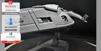 Close-up of a detailed 3D printed futuristic vehicle model on a stand.